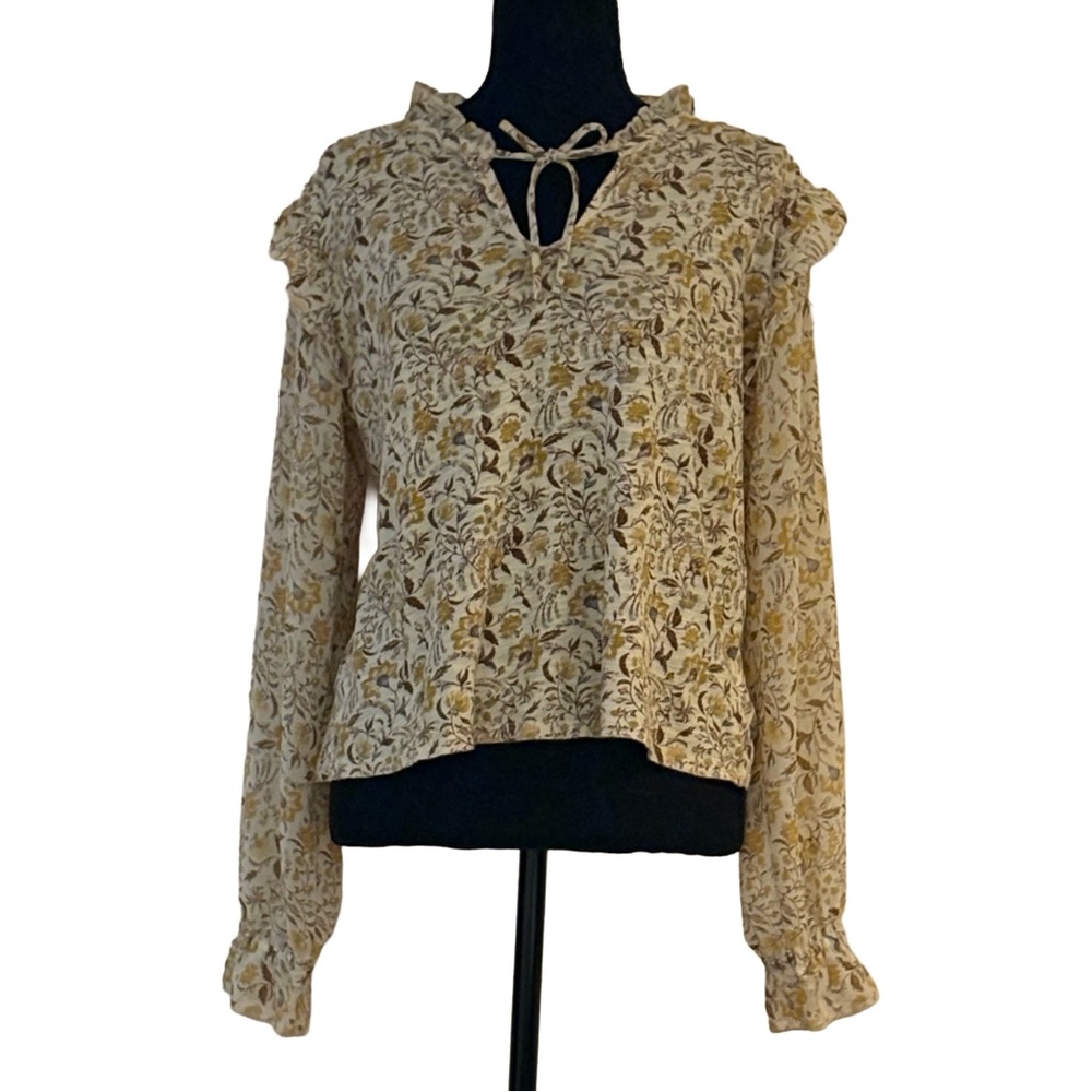 🌼 Lucky Brand Floral Ruffle Tie-Neck Blouse – Size M